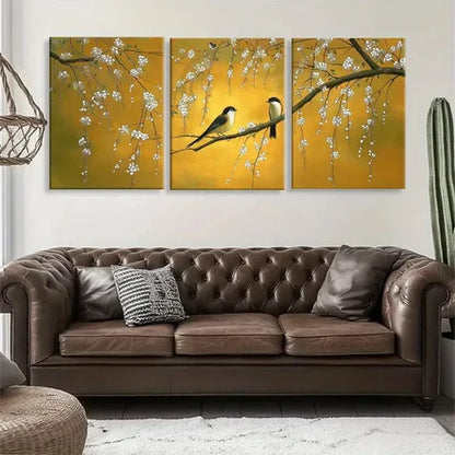 3pcs Birds & White Flowers on Yellow Perfect Wall Art Set Canvas Unframed - High Quality Print 100% Australian Made Wall Canvas - Bella Home Decor
