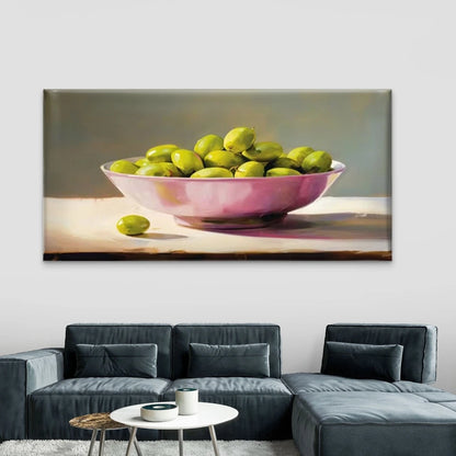 Green Olives & Pink Bowl Wall Art Canvas Office Home Room Framed 120x60cm - Bella Home Decor
