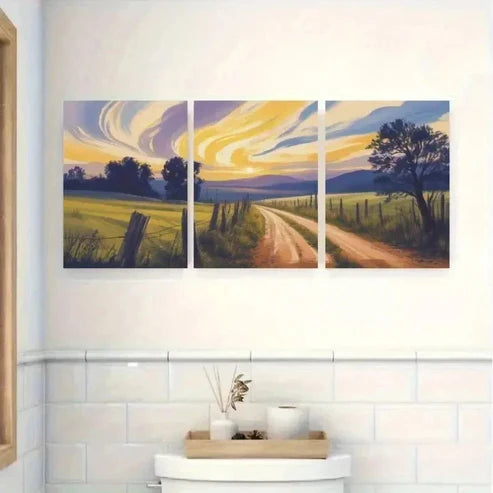 3pcs Sunset Road, Vintage Style Wall Art Canvas Unframed - High Quality Print 100% Australian Made Wall Canvas