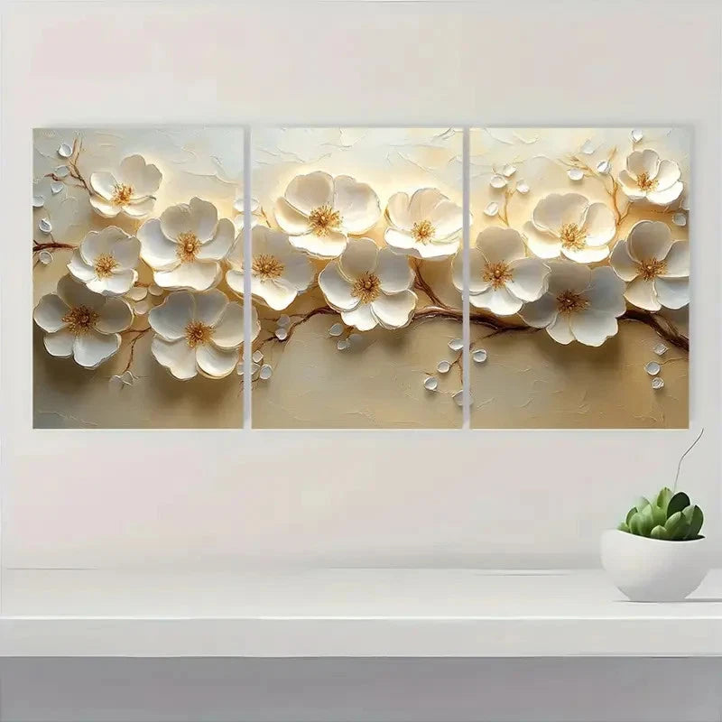 3pcs Textured White & Golden Floral  GR   Wall Art Set Canvas Framed 40x60cm - High Quality Print 100% Australian Made Wall Canvas Ready to Hang
