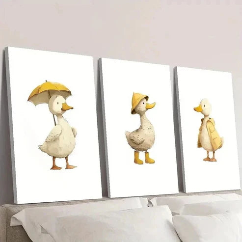 3pcs Duck Holding Umbrella with Hat and Cloths Wall Art Canvas Unframed - High Quality Print 100% Australian Made Wall Canvas