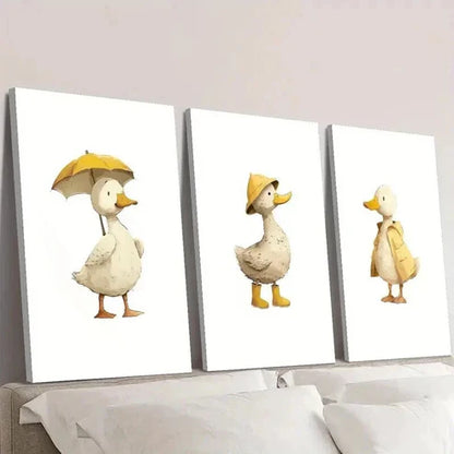 3pcs Duck Holding Umbrella with Hat and Cloths Wall Art Canvas Unframed - High Quality Print 100% Australian Made Wall Canvas