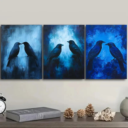 3pcs Two blackbirds on a blue background   Wall Art Set Canvas Framed 40x60cm - High Quality Print 100% Australian Made Wall Canvas Ready to Hang - Bella Home Decor