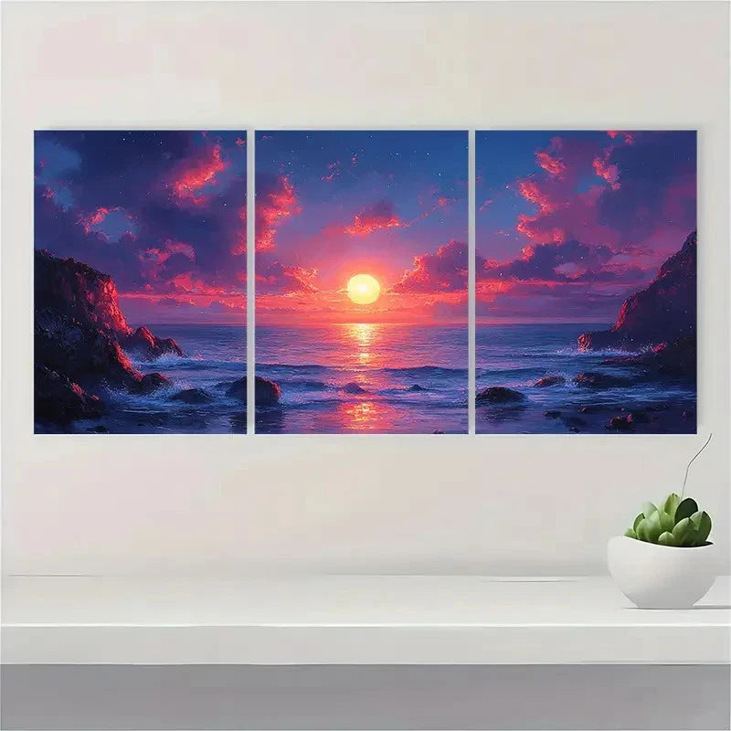 3pcs Cliffside Sunset Seascape Painting GH    Wall Art Set Canvas Framed 60x90cm - High Quality Print 100% Australian Made Wall Canvas Ready to Hang - Bella Home Decor