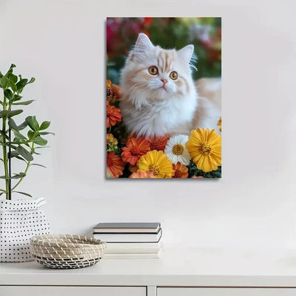 Beautiful Cute Persian Kitten with Flowers Painting 40x60cm Metal Print Ready to Hang - Bella Home Decor