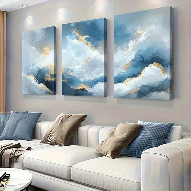 3pcs Landscape with Blue & Golden Brushstrokes Wall Art Set Canvas Framed 60x90cm - High Quality Print 100% Australian Made Wall Canvas Ready to Hang - Bella Home Decor