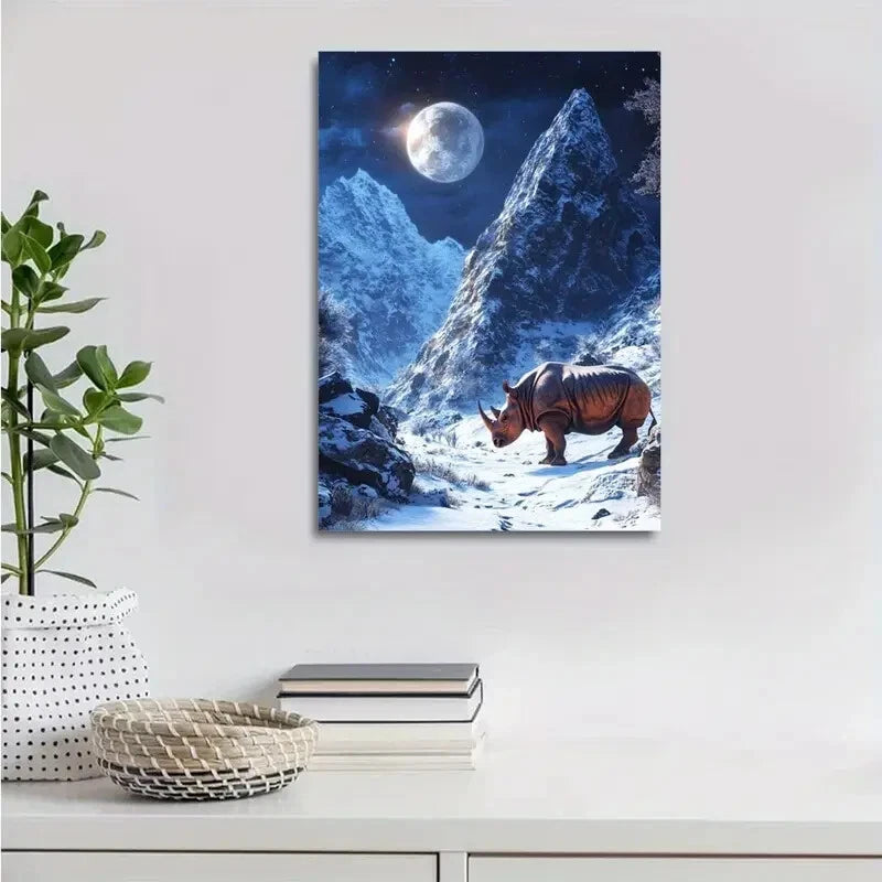 Dreamlike Rhino Scene Under Moonlight Painting 40x60cm Metal Print Ready to Hang - Bella Home Decor