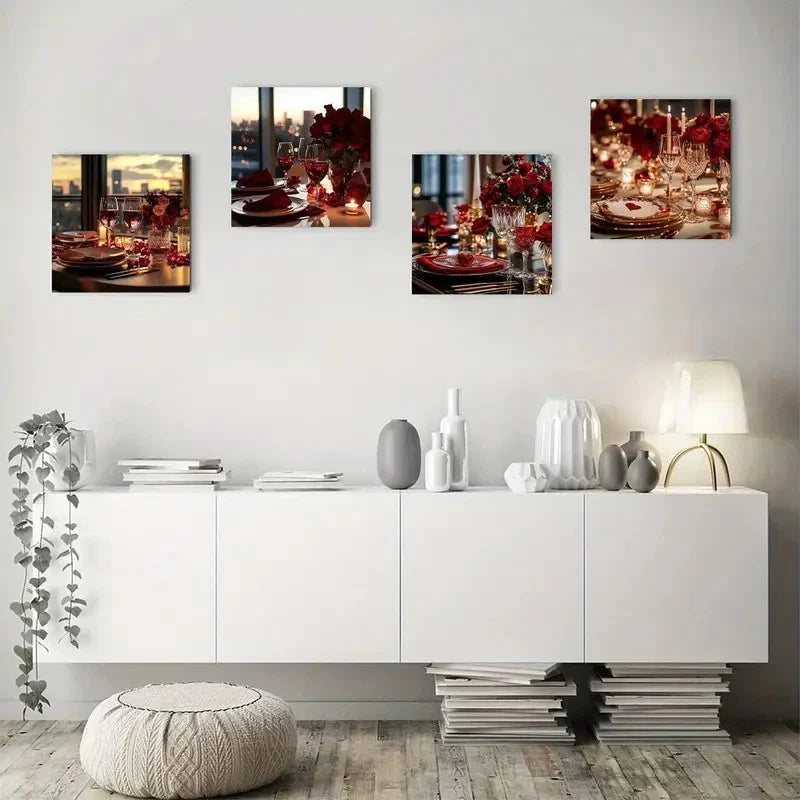 4pcs Delicate Romantic Love Restaurant Rose Wine Wall Art Canvas Framed