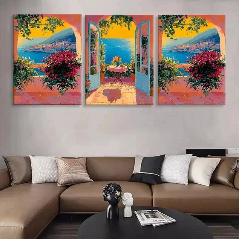 3pcs Mediterranean Seaside View Coastal Perfect Wall Art Set Canvas Framed 50x70cm - High Quality Print 100% Australian Made Wall Canvas Ready to Hang