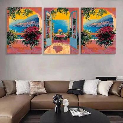 3pcs Mediterranean Seaside View Coastal Perfect Wall Art Set Canvas Framed 50x70cm - High Quality Print 100% Australian Made Wall Canvas Ready to Hang