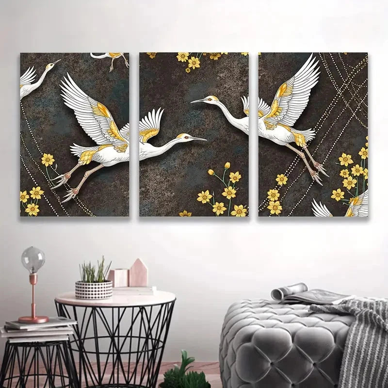 3pcs Elegant Cranes Flight with Golden Accents  Wal1l Art Set Canvas Framed 40x60cm - High Quality Print 100% Australian Made Wall Canvas Ready to Hang
