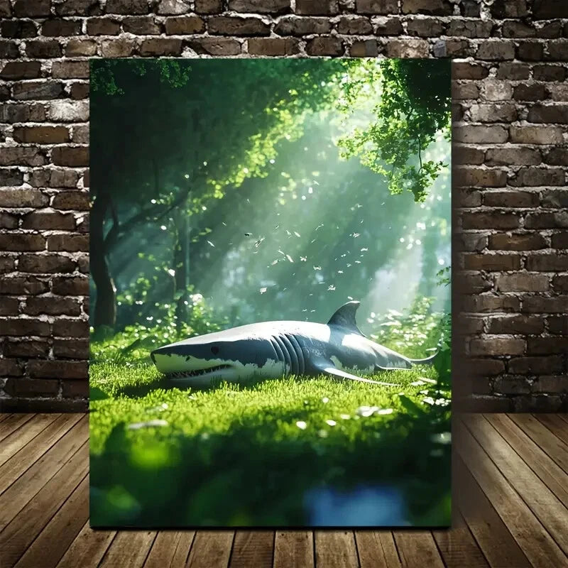 Cyberpunk Shark on Grass in Lush Green Meadow Painting 40x60cm Metal Print Ready to Hang - Bella Home Decor