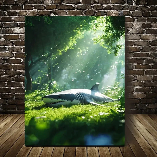 Cyberpunk Shark on Grass in Lush Green Meadow Painting 40x60cm Metal Print Ready to Hang - Bella Home Decor