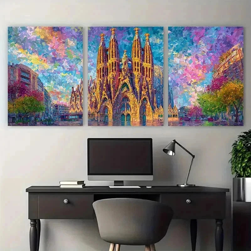 3pcs Barcelona Spain Painted Rolled Perfect Wall Art Canvas Framed 60x90cm - Bella Home Decor