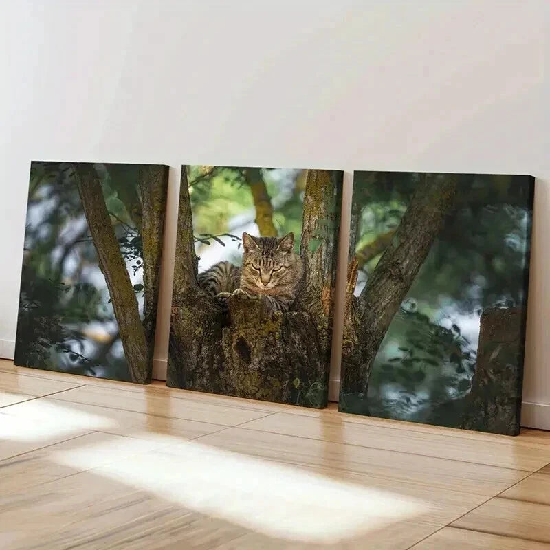 3pcs Charming Grey Kitten on Tree Wall Art Set Canvas Framed 40x60cm - High Quality Print 100% Australian Made Wall Canvas Ready to Hang - Bella Home Decor