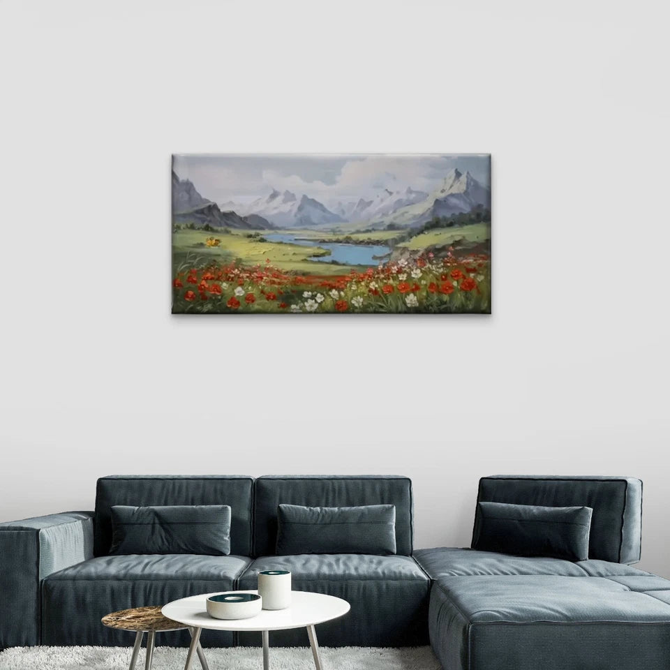 Mountain View Flowers Wall Art Canvas Office Home Room Framed 120x60cm