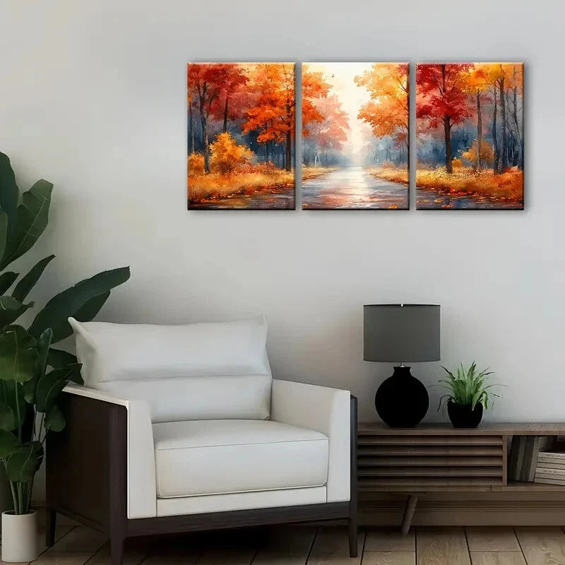 3pcs Vibrant Autumn Park Pathway Wall Art Set Canvas Framed 50x70cm - High Quality Print 100% Australian Made Wall Canvas Ready to Hang