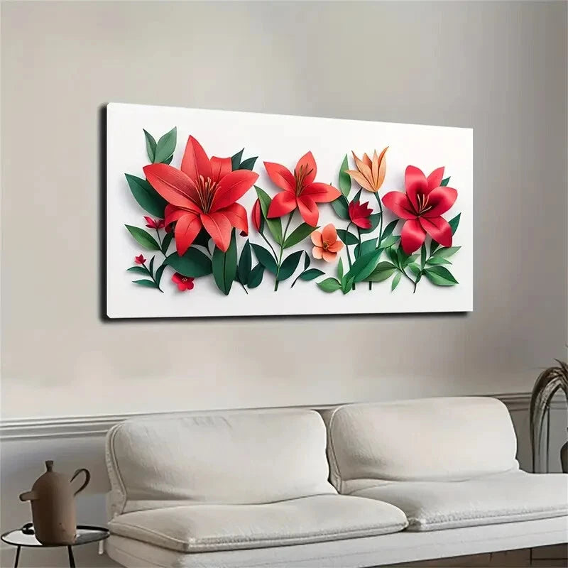 Vibrant Red Lilies Greenc Leave Wall Art Canvas Office Home Room Framed 120x60cm - Bella Home Decor