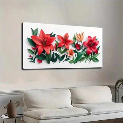 Vibrant Red Lilies Greenc Leave Wall Art Canvas Office Home Room Framed 120x60cm - Bella Home Decor