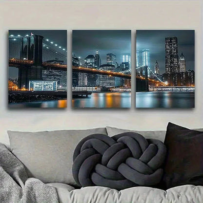 3pcs New York City Bridge Night Photograph Wall Art Set Canvas Framed 60x90cm - High Quality Print 100% Australian Made Wall Canvas Ready to Hang