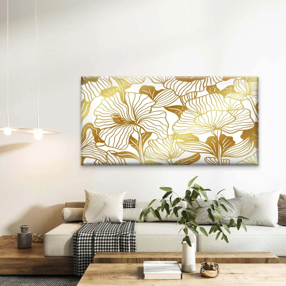 Elegant Golden Floral Pattern Wall Art Canvas Office Home Room Framed 120x60cm - Bella Home Decor