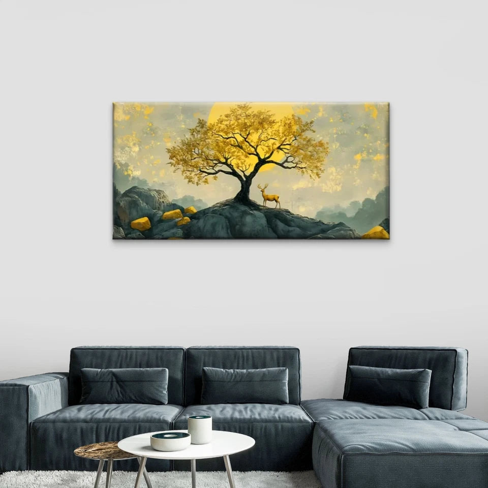 Yellow Trees Deer Mountain Wall Art Canvas Office Home Room Framed 120x60cm