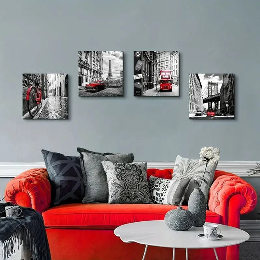4pcs Red Accent Cityscapes Wall Art Canvas Framed
