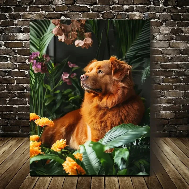 Vibrant Tropical Floral & Tibetan Mastiff Dog Painting 40x60cm Metal Print Ready to Hang