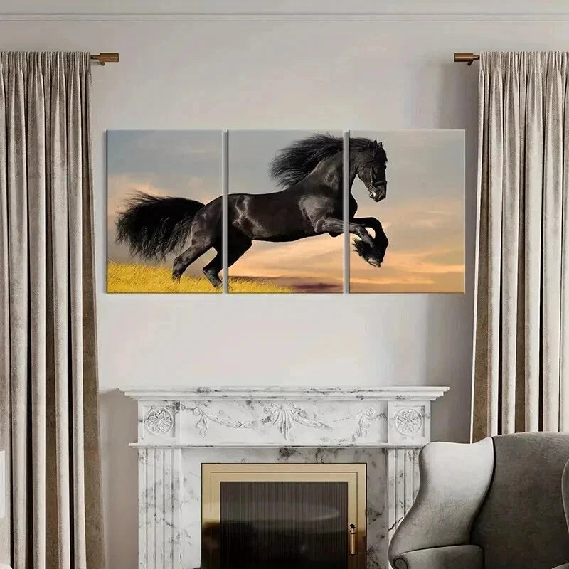 3pcs Black Horse Galloping Across a Grassy Field Wall Art Set Canvas Framed 50x70cm - High Quality Print 100% Australian Made Wall Canvas Ready to Hang - Bella Home Decor