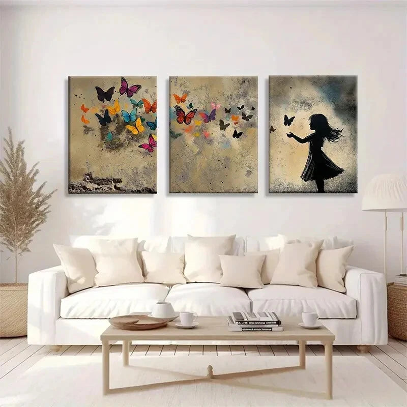3pcs Vibrant Butterfly and Girl Silhouette Metal Print Ready to Hang Art - Bella Home Decor
