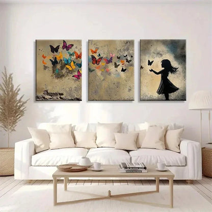 3pcs Vibrant Butterfly and Girl Silhouette Metal Print Ready to Hang Art - Bella Home Decor