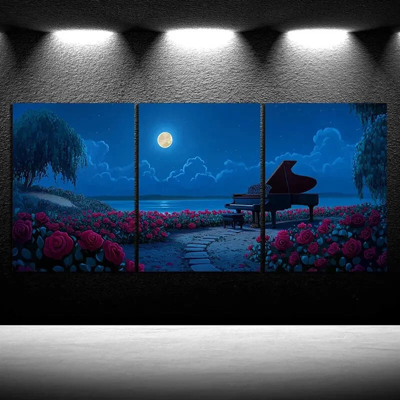 3pcs Rose Piano By The Sea Night Sky Metal Print Ready to Hang Art - Bella Home Decor