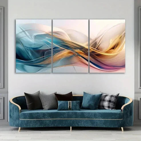 3pcs Abstract Wavy Multi-Panel Golden White Wall Art Set Canvas Unframed - High Quality Print 100% Australian Made Wall Canvas - Bella Home Decor