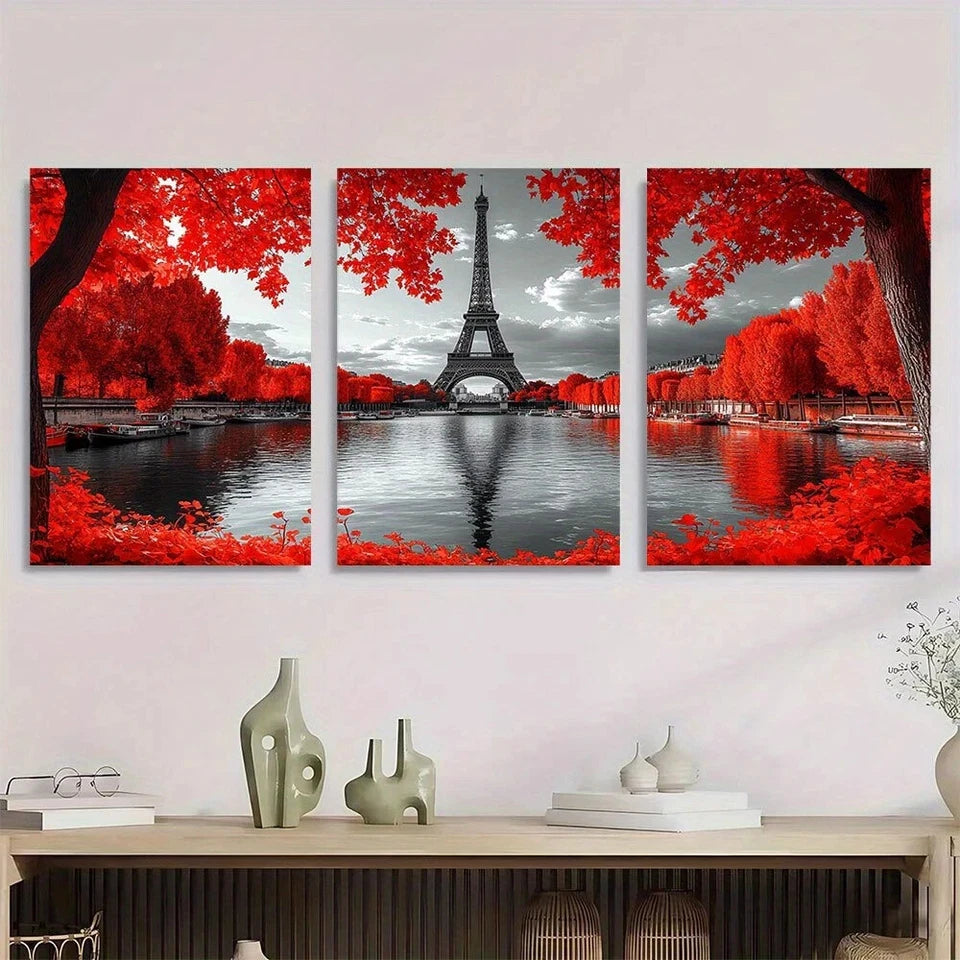3pcs Eiffel Tower Black & White Red Accents Metal Print Ready to Hang Art