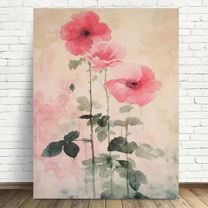 Beautiful Pink Roses and Green Leaves Painting 40x60cm Metal Print Ready to Hang - Bella Home Decor