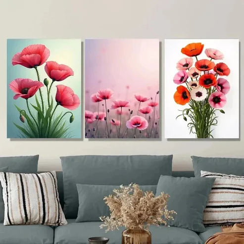 3pcs Poppy Flower Vibrant Pink & Orange Poppy Wall Art Set Canvas Unframed - High Quality Print 100% Australian Made Wall Canvas
