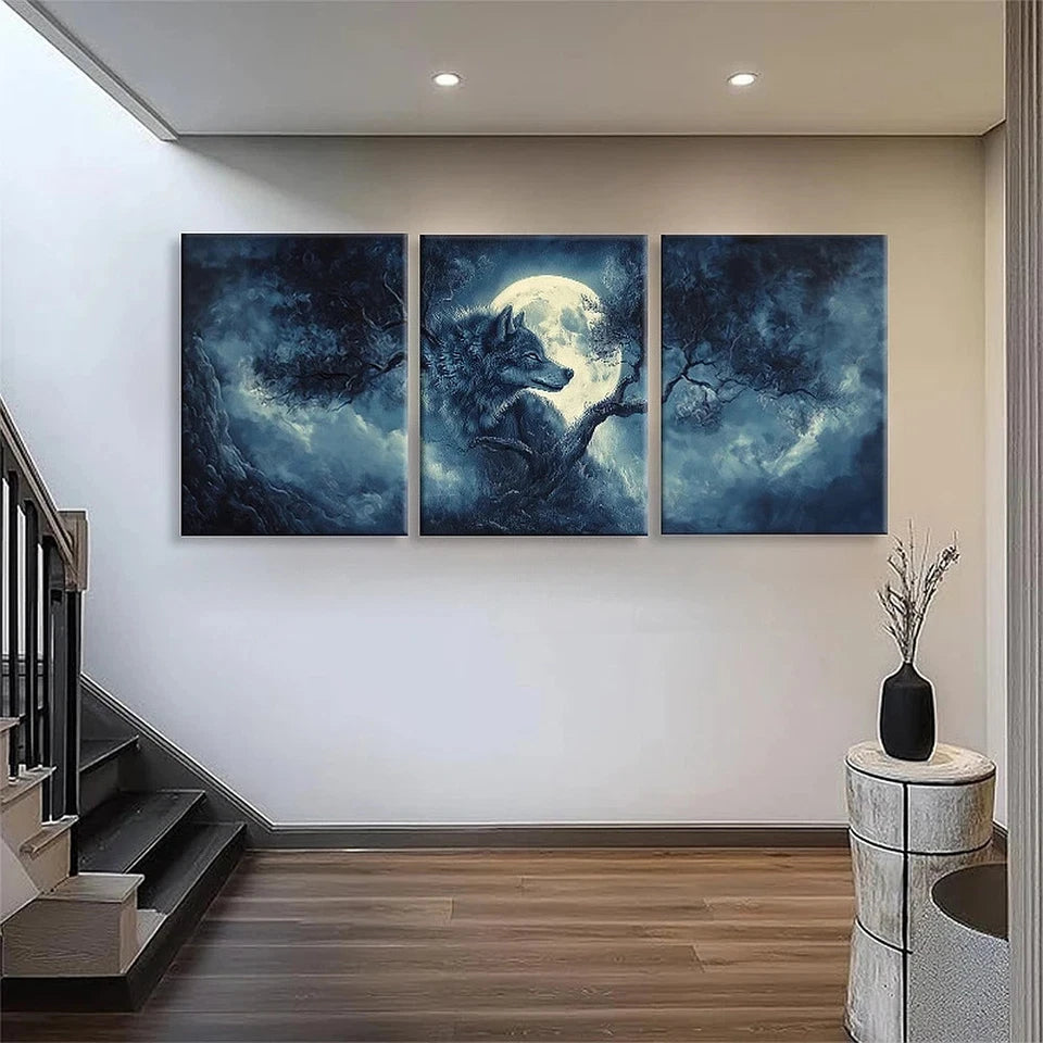 3pcs Majestic Wolf Under the Full Moon Metal Print Ready to Hang Art