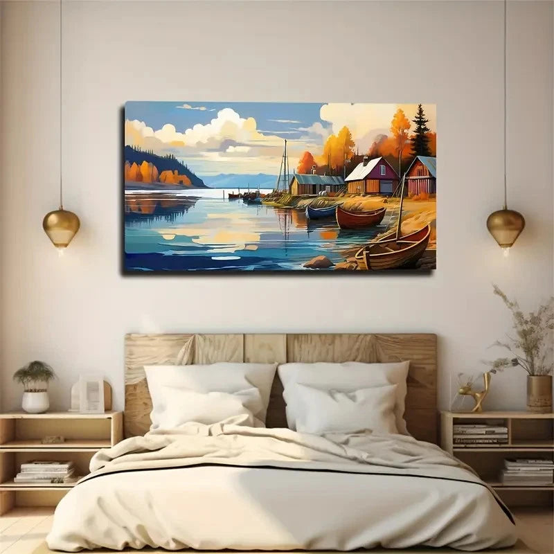 Boats & Autumn Foliage Serene Wall Art Canvas Office Home Room Framed 120x60cm