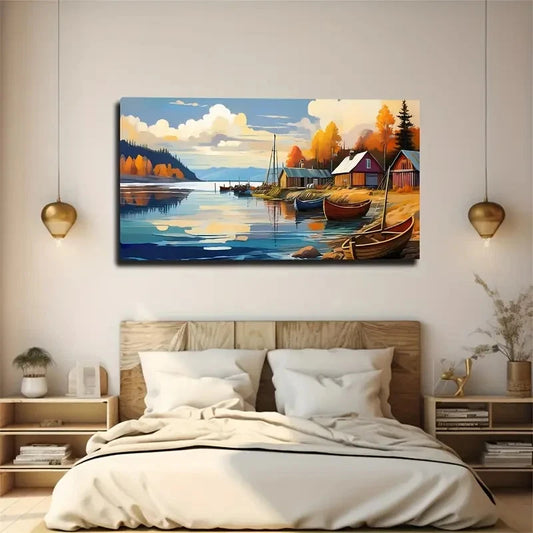 Boats & Autumn Foliage Serene Wall Art Canvas Office Home Room Framed 120x60cm
