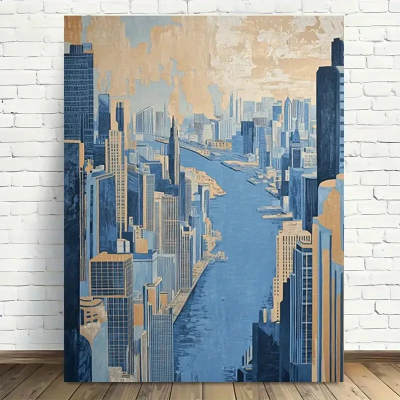 Beautiful Modern Vintage Cityscape Blue & Beige 40x60cm Metal Print Ready to Hang - Bella Home Decor