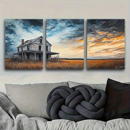3pcs Rustic Old House at Dusk Wall Art Set Canvas Framed 50x70cm - High Quality Print 100% Australian Made Wall Canvas Ready to Hang