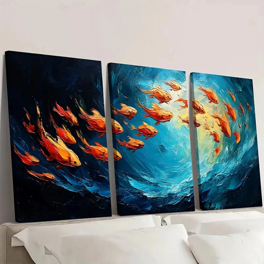 3pcs Original Fish School Oil Painting DF Wall Art Set Canvas Framed 50x70cm - High Quality Print 100% Australian Made Wall Canvas Ready to Hang