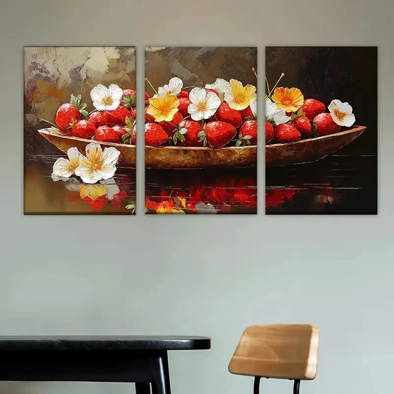 3pcs a painting of strawberries and flowers Wall Art Set Canvas Framed 60x90cm - High Quality Print 100% Australian Made Wall Canvas Ready to Hang - Bella Home Decor