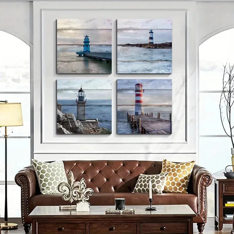 4pcs Nautical Lighthouse Wall Art Canvas Framed