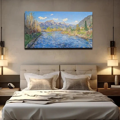 Vibrant Mountain River Sunlit Wall Art Canvas Office Home Room Framed 120x60cm