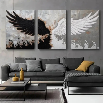 3pcs Black & White Wings, Beige back    Wall Art Set Canvas Framed 60x90cm - High Quality Print 100% Australian Made Wall Canvas Ready to Hang - Bella Home Decor