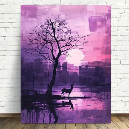 Beautiful Abstract Purple Sunset with Tree and Deer 40x60cm Metal Print Ready to Hang - Bella Home Decor