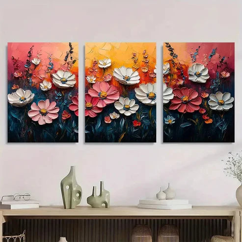 3pcs Pink Meadow & Wildflower Textured   Wall Art Set Canvas Unframed - High Quality Print 100% Australian Made Wall Canvas