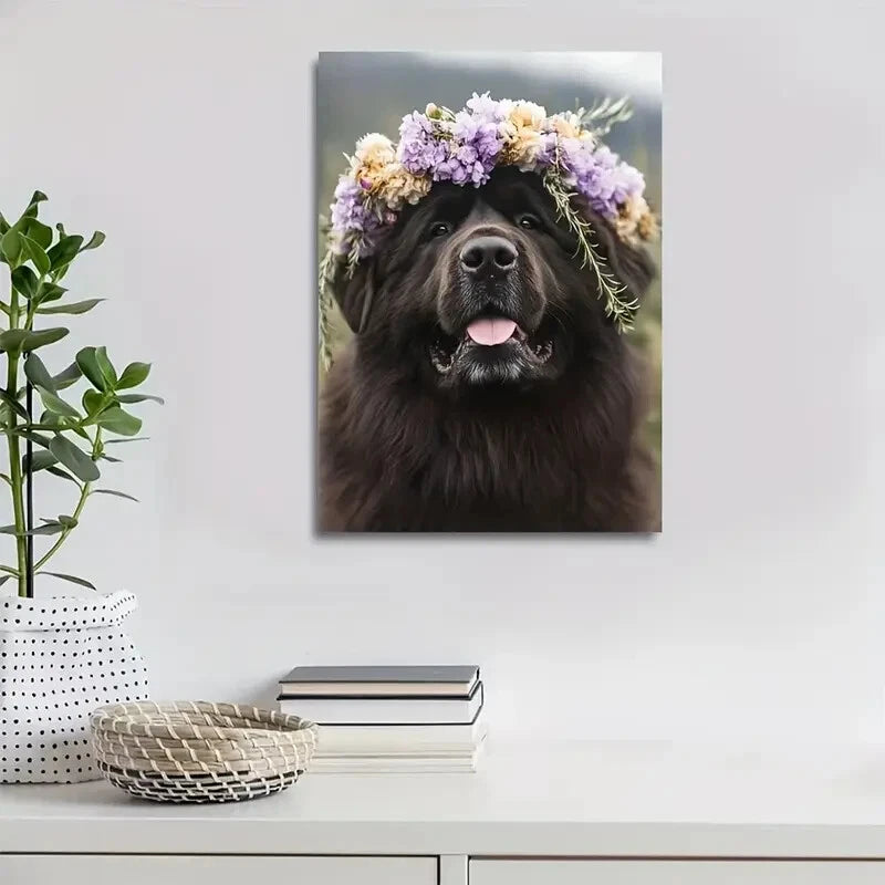 Charming Tibetan Mastiff Dog with Floral Crow Painting 40x60cm Metal Print Ready to Hang
