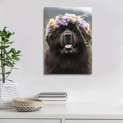 Charming Tibetan Mastiff Dog with Floral Crow Painting 40x60cm Metal Print Ready to Hang